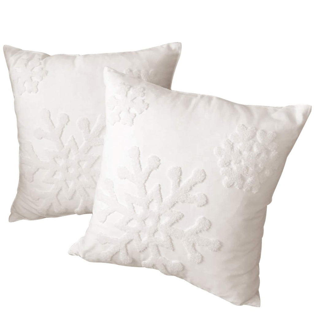 HUAGUOGUO 18 x 18 Inch 2PCs Embroideried Pillowcase，Christmas Holiday Falling Snowflake Cotton Linen Throw Pillow Cover Cushion Home Sofa Bed Car Decorative (White)