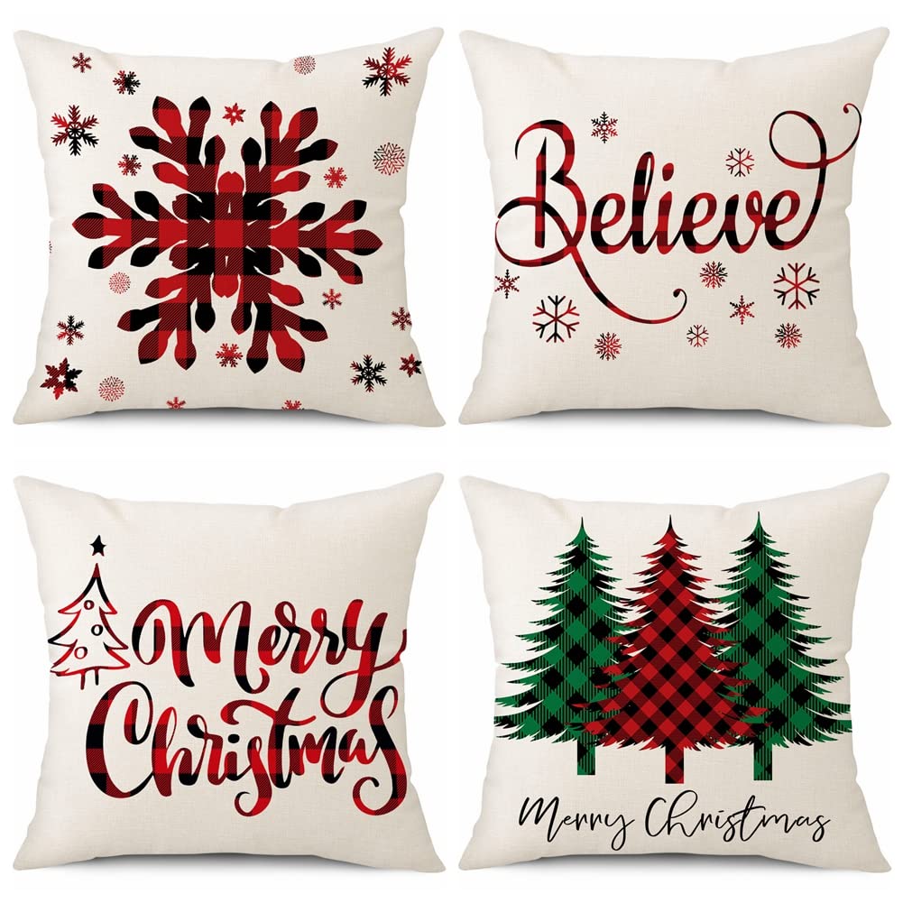 Coeufuedy Christmas Pillow Covers 18x18 Set of 4 Farmhouse Pillow Covers Holiday Rustic Linen Pillow Case Christmas Decor Pillowcase for Sofa Couch Bed and Car