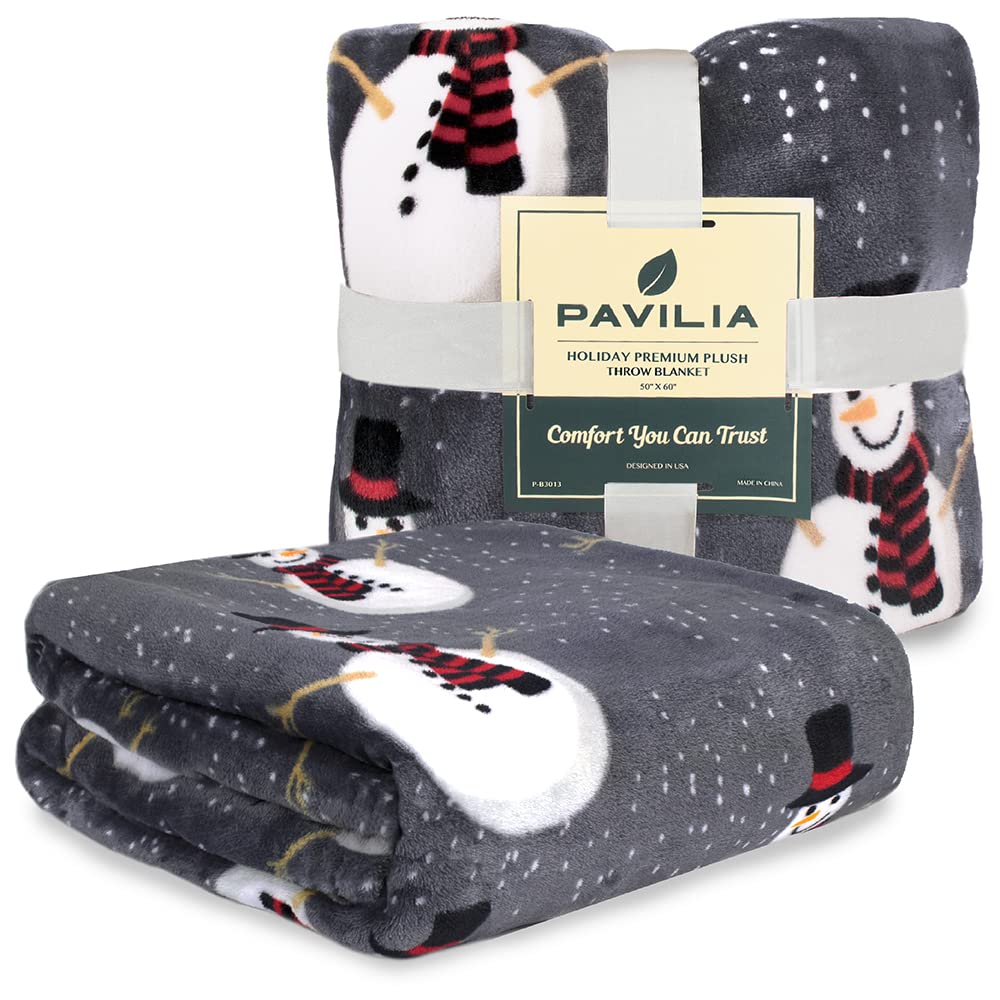 PAVILIA Christmas Snowman Throw Blanket | Grey Christmas Fleece Blanket | Soft, Plush, Warm Winter Cabin Throw, 50x60 (Grey Snowman)