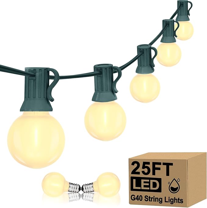 25Ft Outdoor Christmas Lights, Dimmable G40 LED Patio String Lights with 27 Frosted White Globe Bulbs, Green Wire Outdoor Christmas Decorations Lights Waterproof for Wedding Party Porch Backyard