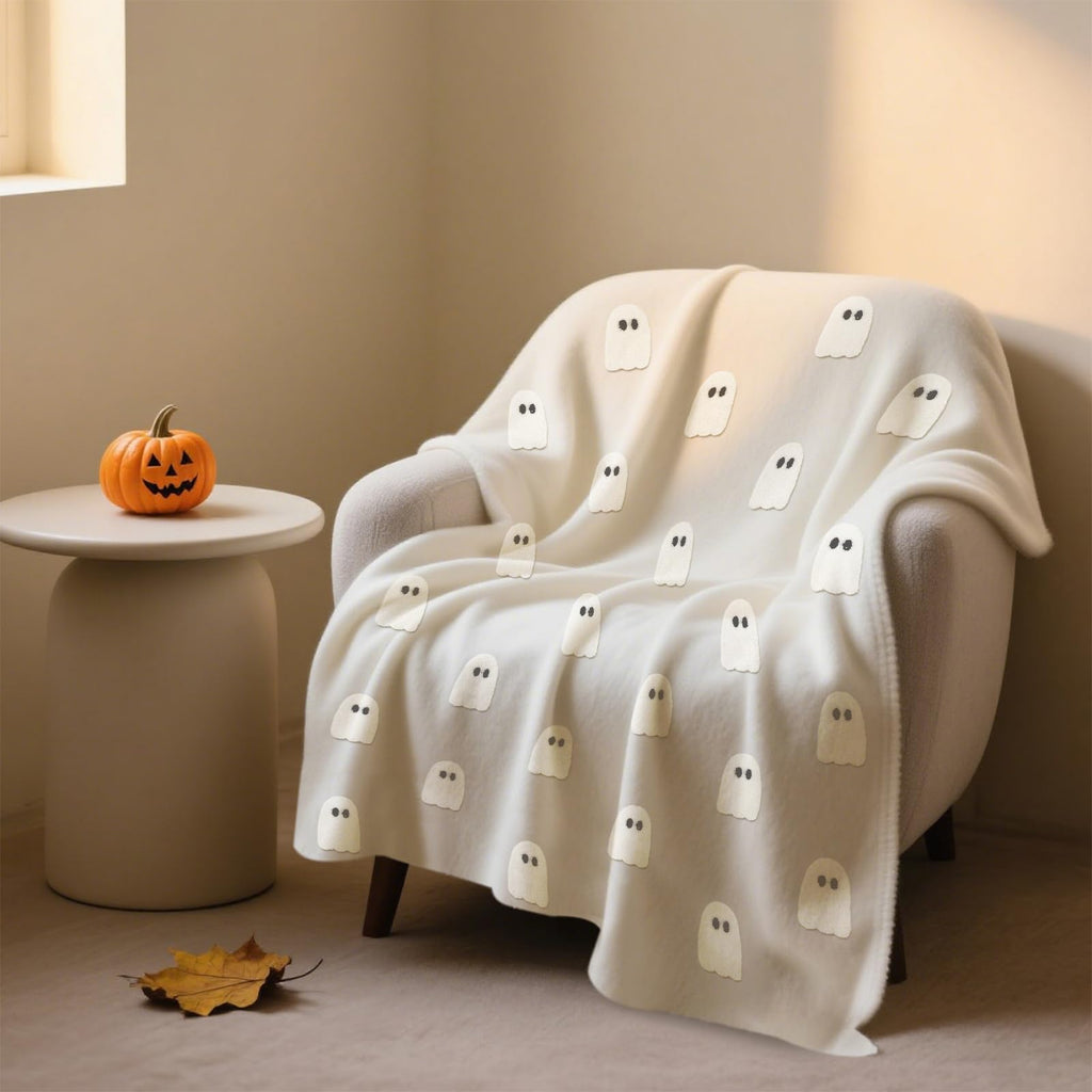 JarThenaAMCS Halloween White Ghost Throw Blanket Chenille Soft Blankets for Home Bedroom Living Room Sofa Couch Outdoor Travel, 50 x 60 Inch