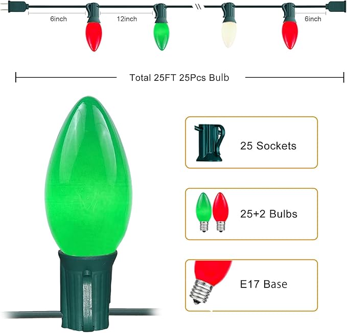 25Ft C9 LED Christmas Lights Outdoor Indoor, Multicolor Red Green White Vintage String Lights, Connectable Holiday Decor for Xmas Tree Wedding Party Patio Porch Yard