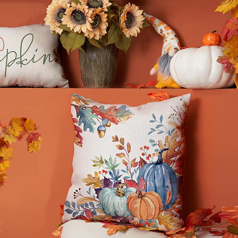 DFXSZ Fall Pillow Covers 18x18 inch Set of 2 Blue and Green Watercolor Pumpkin Fallen Leaves Decorative Throw Pillow Covers Autumn Thanksgiving Farmhouse Decoration for Home Couch TH27-E18