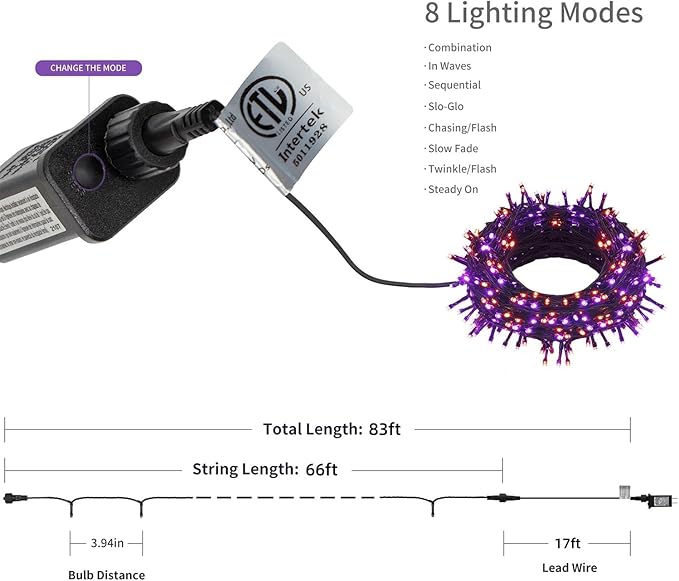 HOME LIGHTING Halloween Lights, 66FT 200 LED Plug in Green Wire String Light, 8 Lighting Modes Waterproof Fairy Mini Lights for Indoor Outdoor Christmas Wedding Party Decorations (Orange & Purple)
