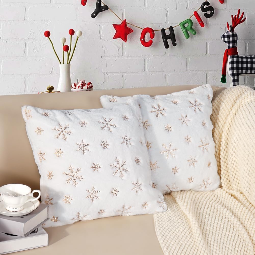 Homithley Christmas Pillow Covers Set of 2 Winter Snowflakes Decorative Throw Pillowcases Christmas Gold Sequin Plush Pillow Covers for Sofa Cushion Bedroom Party Décor (Gold, 18”×18”)