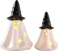 WDS WONDROUS Light Up Halloween Ghost Decorations Set of 2, Cute Ghost Figurines with Witch Hat Halloween Decor, Ceramic Ghosts Light for Indoor Fall Table Decor, Home Tiered Tray Fireplace
