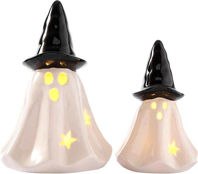 WDS WONDROUS Light Up Halloween Ghost Decorations Set of 2, Cute Ghost Figurines with Witch Hat Halloween Decor, Ceramic Ghosts Light for Indoor Fall Table Decor, Home Tiered Tray Fireplace