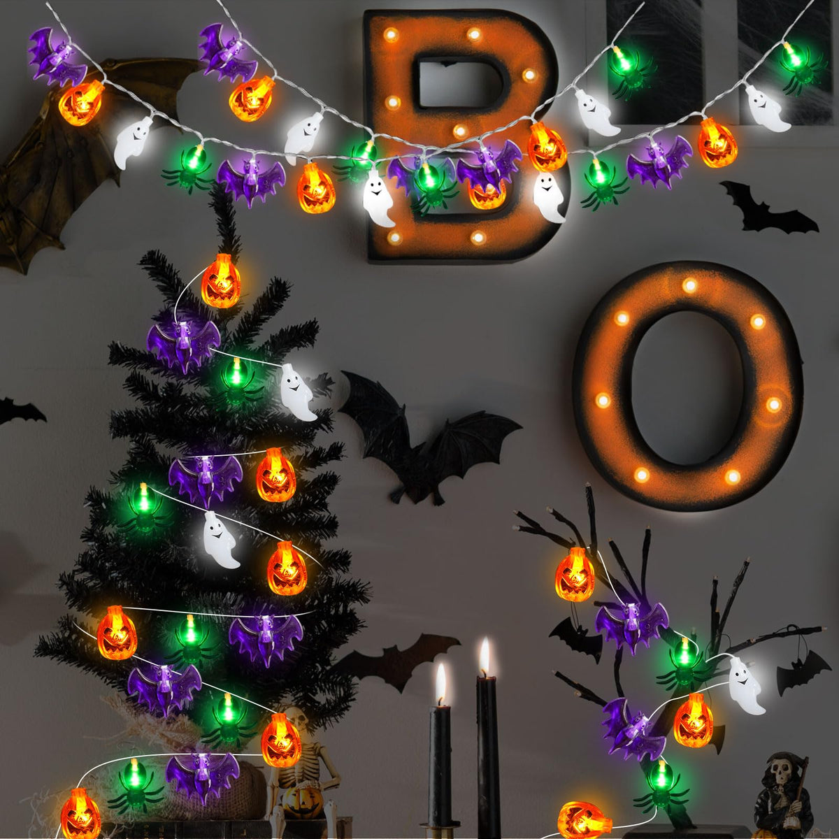Halloween Lights Decor, 20FT 40 LED 3D Pumpkin Bat Ghost Spider Battery Operated String Lights, Waterproof Twinkle Light for Home Room Door Window Porch Indoor Outdoor Halloween Party Decorations