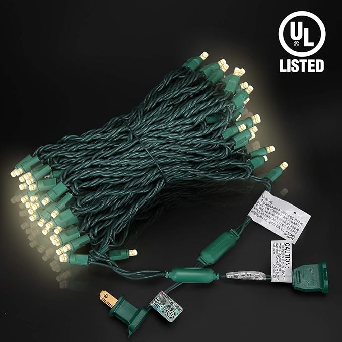 100 Counts Warm White LED Christmas Lights – 50ft 5mm White Christmas Lights Outdoor Commercial Grade Waterproof, Indoor Christmas Tree Decorations, Green Wire Mini String Lights, UL, IP:65