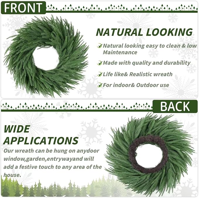 24 inch Norfolk Pine Wreath, Realistic Christmas Wreath for Front Door,Artificial Real Touch Green Wreath Greenery for Door Wall Windows Mantle Outdoor Christmas Decoration