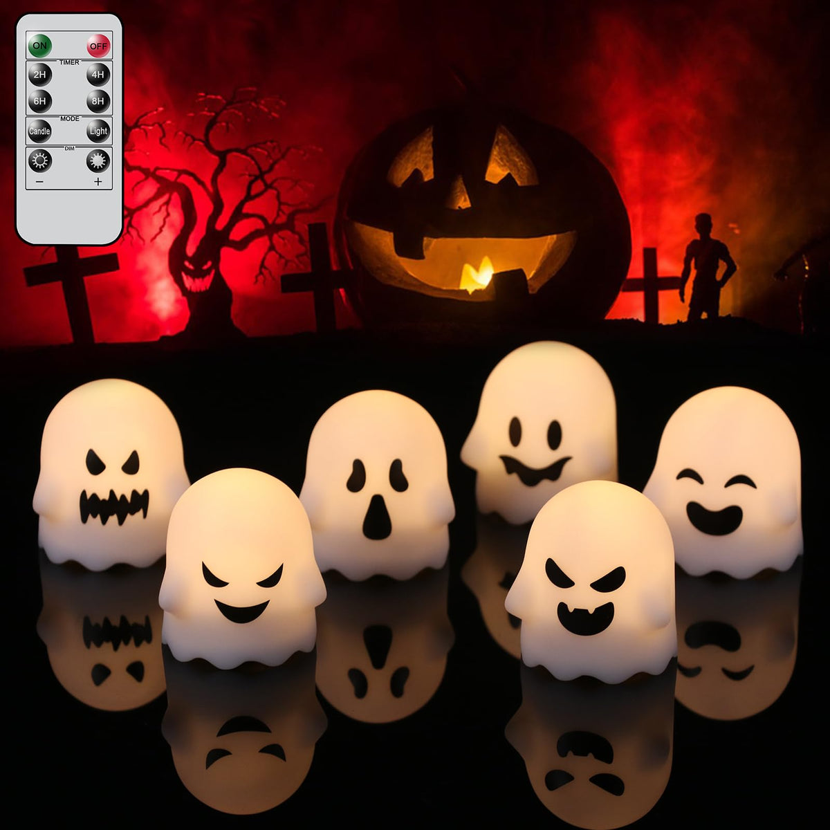 DRomance Halloween Ghost Lights Flameless Candles Battery Operated with Remote and Timer 6 Pack Spooky White LED Votive Candles Dimmable Light Halloween Indoor Decoration(2 x 2.4 Inches)