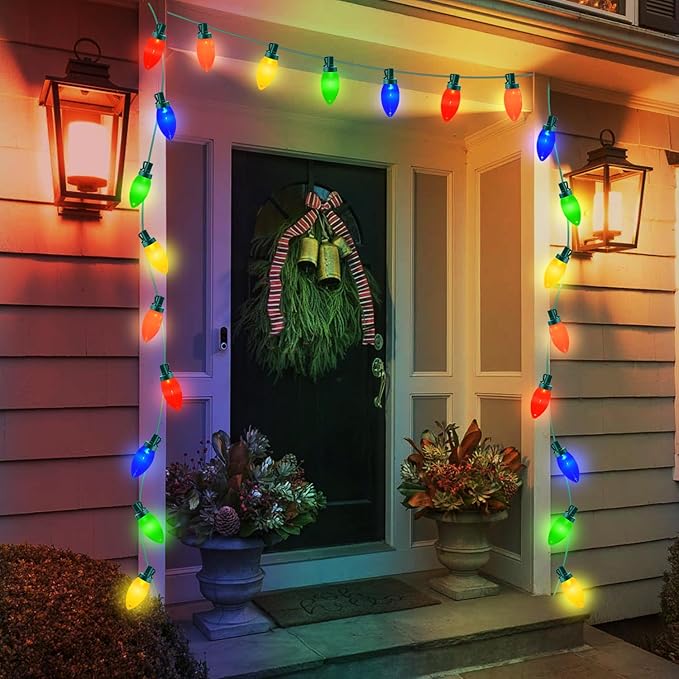 Xmas Decorations - 25Ft Multicolor C9 LED Christmas Lights Outdoor Waterproof, Plug in LED C9 Christmas Lights for House Tree Mantel Yard Indoor Outdoor Xmas Decor, 35 Shatterproof Bulbs, 0.6W
