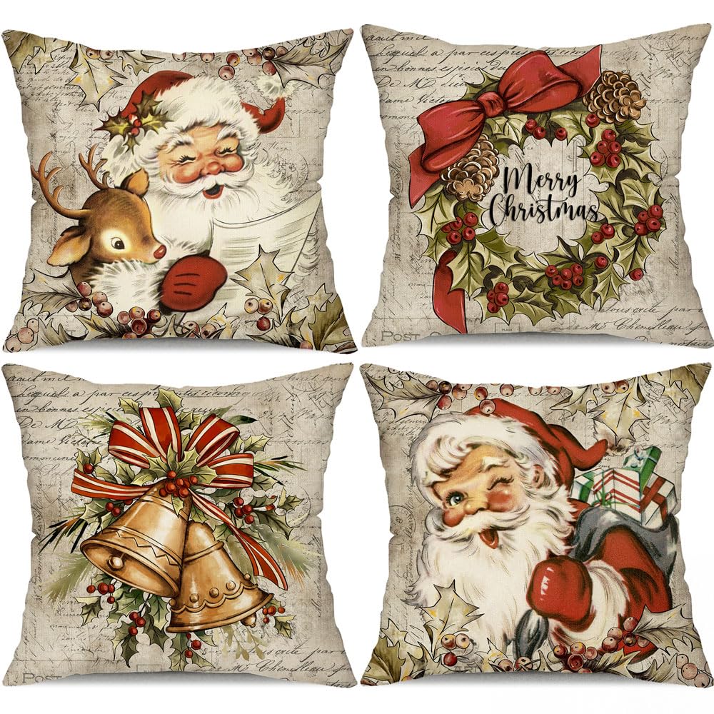 DFXSZ Christmas Pillow Covers 18x18 inch Set of 4 Santa Claus Reindeer Decorative Vintage Throw Pillow Covers Winter Retro Farmhouse Decoration for Home Couch BTHZ-140B18