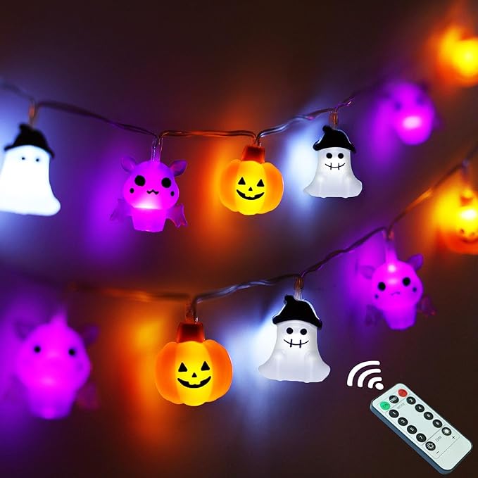 Halloween Lights Decorations, 16.4 FT 30 LED Pumpkin Bat Ghost Spooky Battery Operated Cute Orange and Purple String Lights Cozy Remote Timer 8 Lighting Modes Twinkle Indoor Outdoor Window Porch Decor