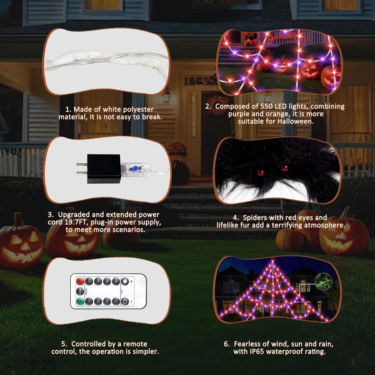 Halloween Spider Web Lights 550 LED Lighted Spider Web 16.4Ft Giant Halloween Decorations Light up with 8 Lighting Modes Waterproof & Timer for Indoor Outdoor House Haunted Yard Decor, Orange & Purple