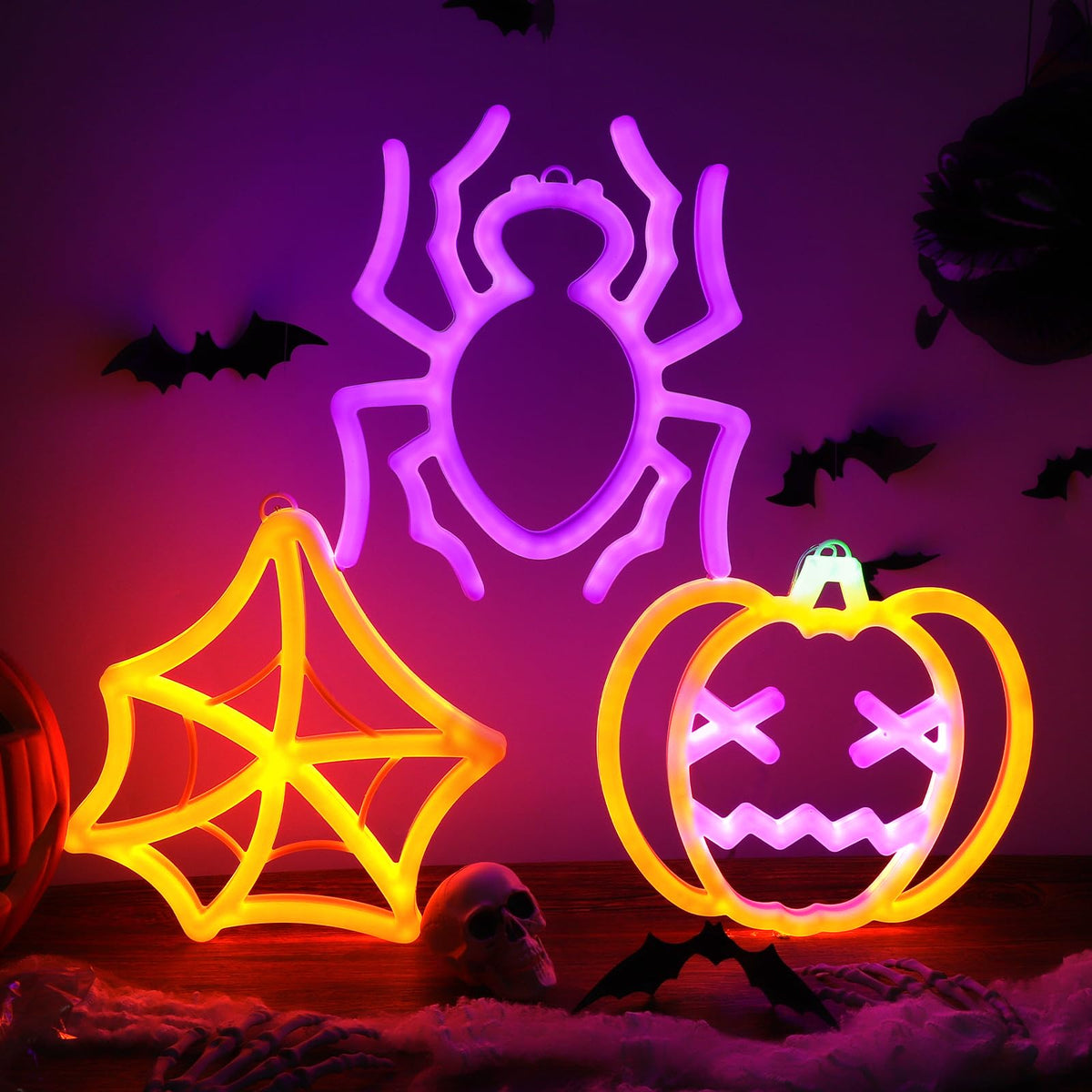 3 Pack Halloween Neon Sign for Wall Decor, Pumpkin Spider Neon Light Spider Web LED Lights for Halloween Decorations, Battery or USB Powered, Light up Sign for Party, Home, Room, Window Decor