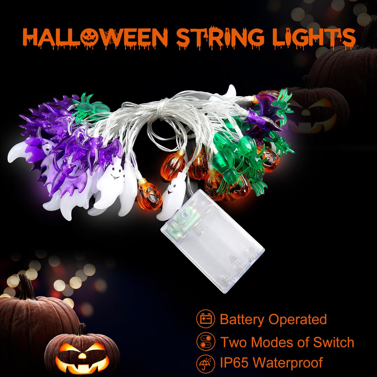 Halloween Lights Decor, 20FT 40 LED 3D Pumpkin Bat Ghost Spider Battery Operated String Lights, Waterproof Twinkle Light for Home Room Door Window Porch Indoor Outdoor Halloween Party Decorations