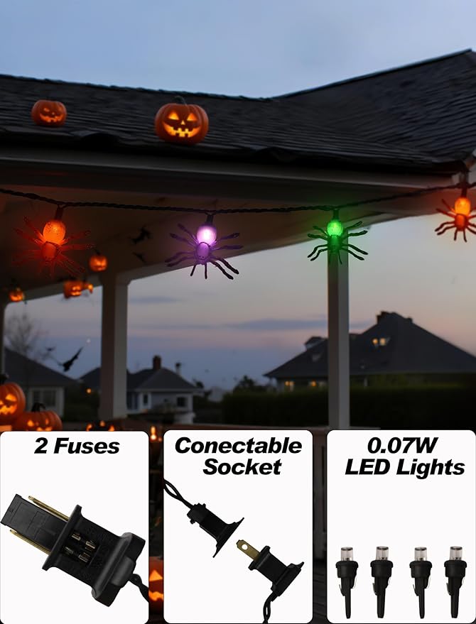 8.5Ft Halloween Spider String Lights Outdoor, Spider Hanging Light with 10 LED Spiders, Halloween Theme Fairy Lights for House Decoration Yard Patio Window Porch Indoor Party Decor