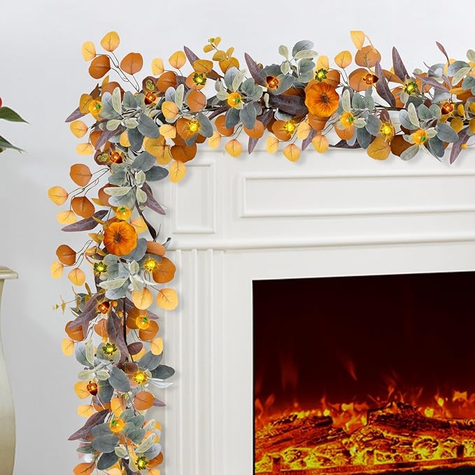 Fall Garland with Lights, 6FT Fall Leaves Garlands, Artificial Eucalyptus Garland with Pumpkins Berries for Home Mantle Fireplace Decor Thanksgiving Christmas Party Autumn Decoration (6FT)