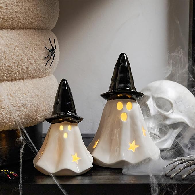 WDS WONDROUS Light Up Halloween Ghost Decorations Set of 2, Cute Ghost Figurines with Witch Hat Halloween Decor, Ceramic Ghosts Light for Indoor Fall Table Decor, Home Tiered Tray Fireplace