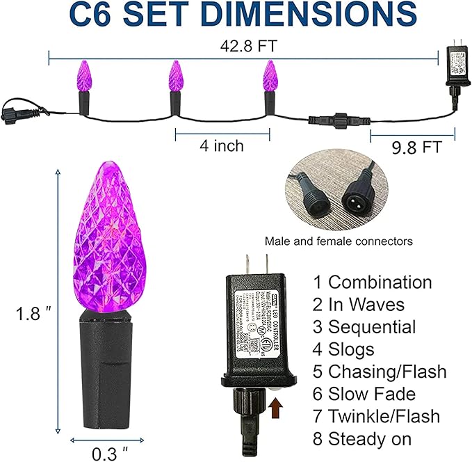 Dazzle Bright Halloween Lights, 100 LED 33 FT C6 String Lights with 8 Modes, Connectable Halloween Decorations for Indoor Outdoor for Tree Patio Party Decor (Purple & Orange)