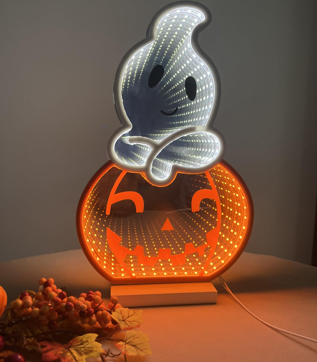 DUOMY DÉCOR LED Halloween Pumpkin Light, Cute Neon Pumpkin and Ghost Sign Decor,11.57 Inch Halloween 3D Infinity Lights with USB Powered for Table, Room, Party Decoration