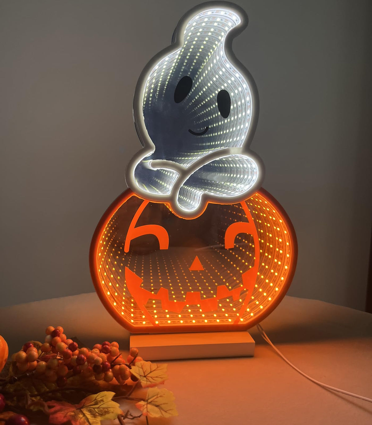 DUOMY DÉCOR LED Halloween Pumpkin Light, Cute Neon Pumpkin and Ghost Sign Decor,11.57 Inch Halloween 3D Infinity Lights with USB Powered for Table, Room, Party Decoration