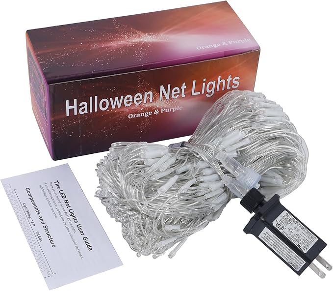 WATERGLIDE Outdoor Halloween Net Lights, 12FT x 5FT 360 LED Fairy String Light with 8 Lighting Modes, Connectable Light Safe Adaptor for Garden Tree Bushes Holiday Party Decorations, Orange & Purple
