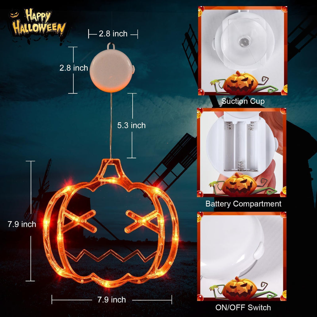 LOLStar Halloween Window Decorations 3 Pack Orange Pumpkin Green Spider Purple Witch Hat Battery Operated Window Lights with Suction Cup Slow Fade Timer Function Halloween Indoor Lights for Windows