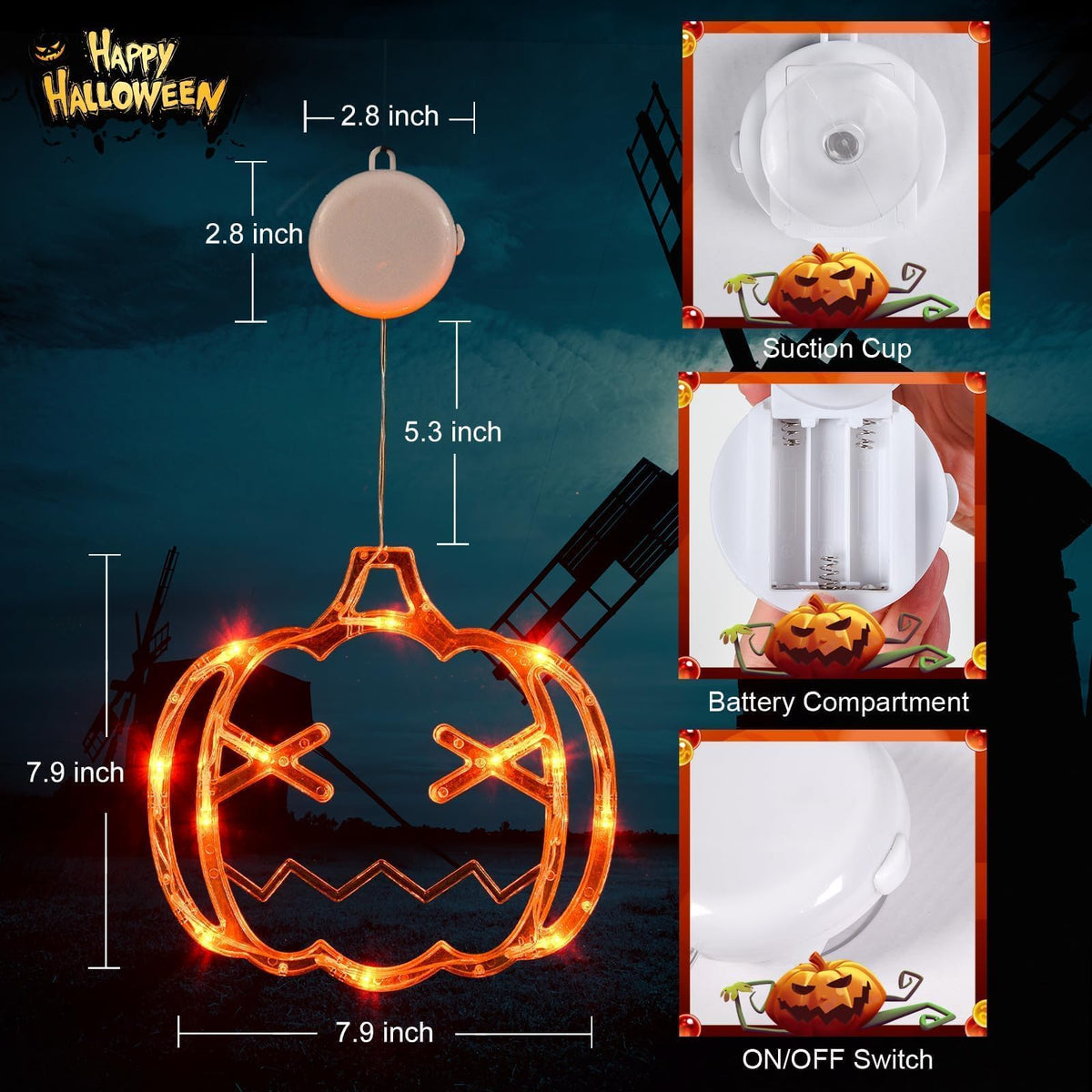 LOLStar Halloween Window Decorations 3 Pack Orange Pumpkin Green Spider Purple Witch Hat Battery Operated Window Lights with Suction Cup Slow Fade Timer Function Halloween Indoor Lights for Windows