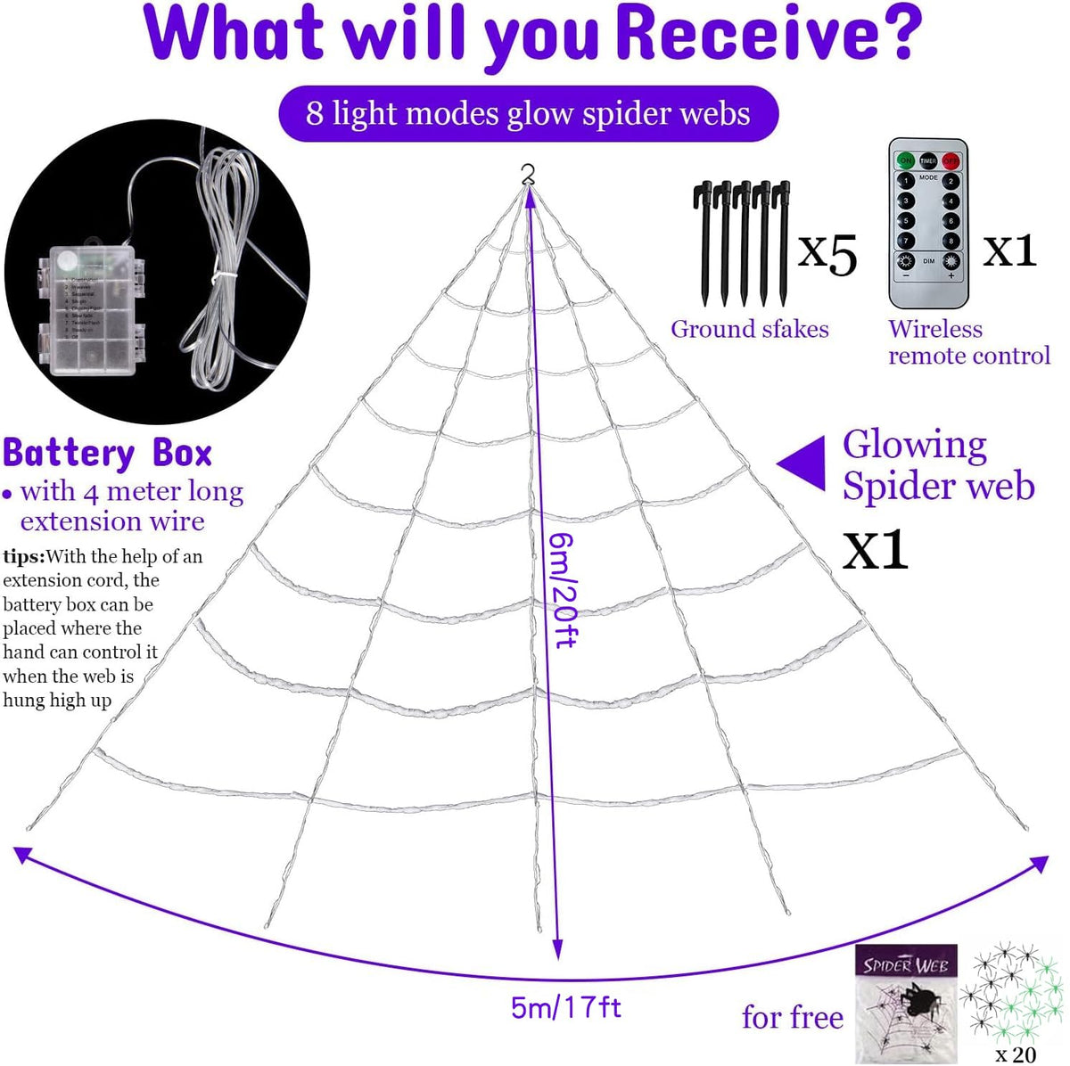 20*17FT Halloween Spider Web 150 Led Purple Lights Light Up Lighted Triangular Giant Battery Operated Waterproof with 200sqft Cobweb and 20 Small Spiders for Indoor and Outdoor Decor Yard Decoration