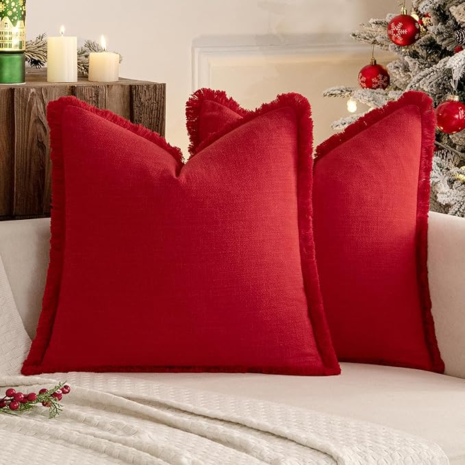 MIULEE Christmas Decorative Throw Pillow Covers Neutral Linen Fringe Throw Pillows Euro Shams Set of 2 Red Boho Farmhouse Cushion Covers with Tassels for Couch Sofa Bed Living Room Decor 24x24 Inch
