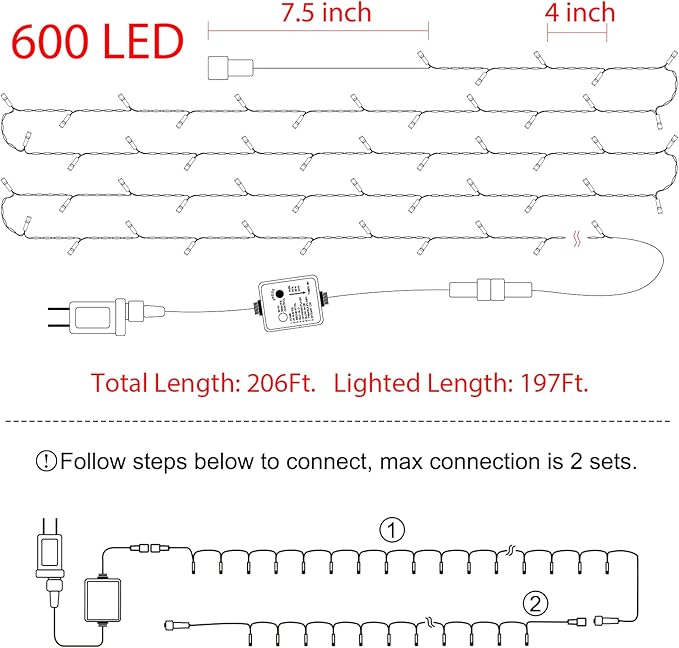 Christmas Tree Lights Outdoor, 205Ft 600 LED Twinkle Fairy Lights String Lights with 8 Light Modes for Christmas LED Garland Wreath Wedding Indoor Holiday Decorations with Dark Green Wire, Warm White