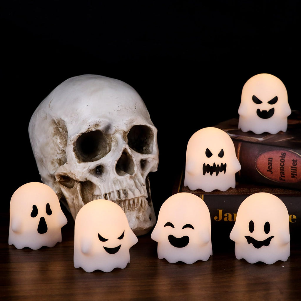 DRomance Halloween Ghost Lights Flameless Candles Battery Operated with Remote and Timer 6 Pack Spooky White LED Votive Candles Dimmable Light Halloween Indoor Decoration(2 x 2.4 Inches)