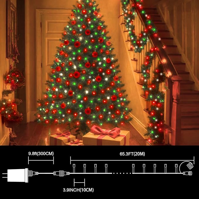 LAMPHOME 66ft Christmas Decorative Mini Lights, 200 LED Transparent Wire Fairy Starry String Lights Plug in, 16 Lighting Modes for Outdoor Xmas Tree Wedding Party Decoration (Red Green White)