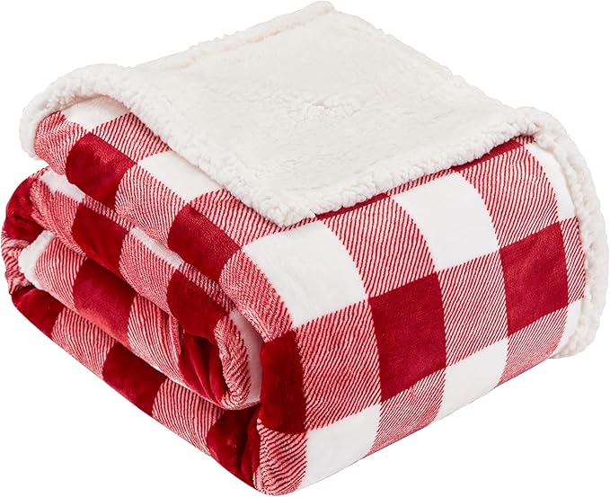 Touchat Sherpa Red and White Buffalo Plaid Christmas Twin Blanket 60" X 70", Fuzzy Fluffy Soft Cozy Blankets, Fleece Flannel Plush Microfiber Throw for Couch Bed Sofa (Red and White)