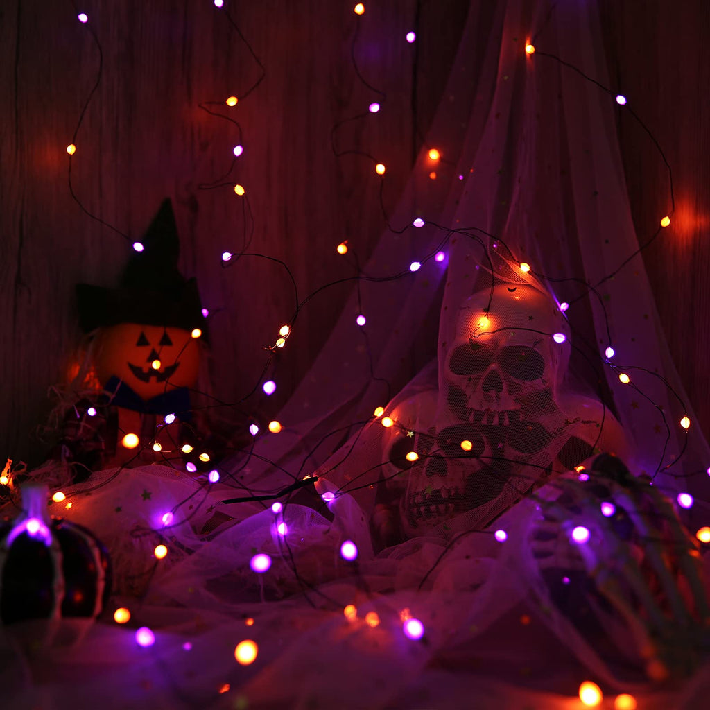 Lomotech Orange Purple Halloween Lights, 2 Pack 16.4ft 50 LED Battery Operated Halloween Fairy Lights with Timer Function, 8 Modes Waterproof Twinkle Lights for Halloween Decorations (Black Wire)