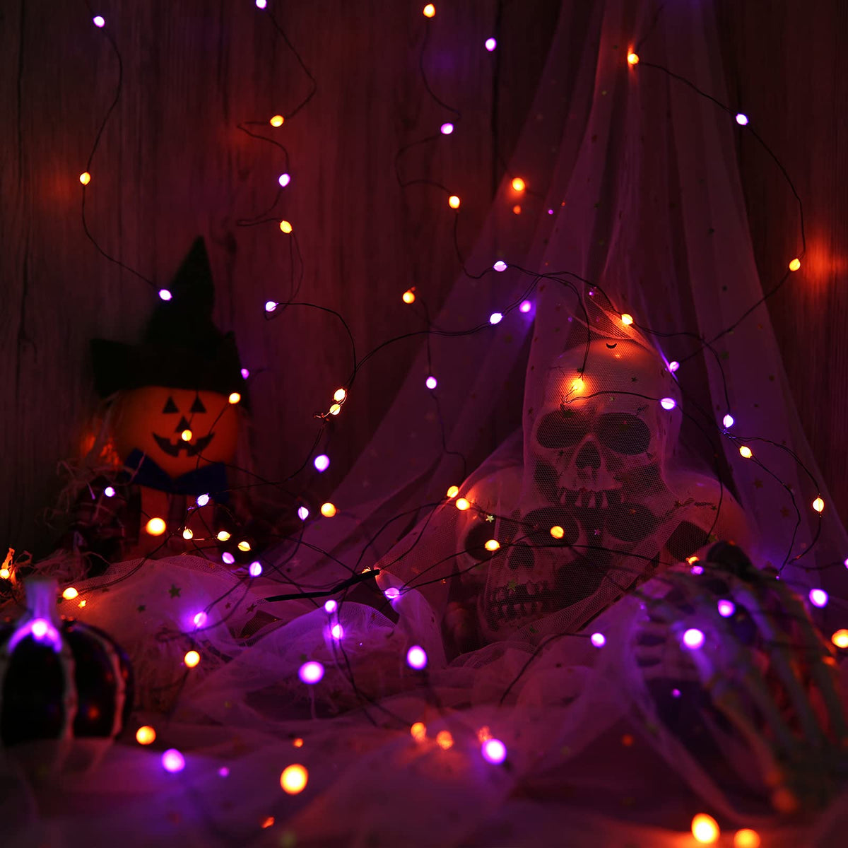 Lomotech Orange Purple Halloween Lights, 2 Pack 16.4ft 50 LED Battery Operated Halloween Fairy Lights with Timer Function, 8 Modes Waterproof Twinkle Lights for Halloween Decorations (Black Wire)