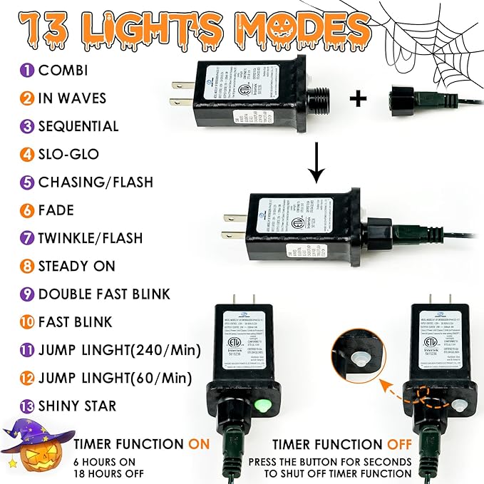 Connectable Purple and Orange Halloween Lights, 2Pack 164ft 400LED 13 Modes Waterproof String Lights Plug in, Twinkle Light with Timer Indoor/Outdoor for Tree Party Halloween Decorations