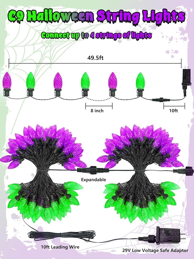2 Pack 100LED Purple and Green C9 Halloween Lights Indoor Outdoor, 66 FT String Lights Extendable Waterproof Plug in LED Strawberry Lights Halloween Decorations for Black Tree Garden Patio Party Yard