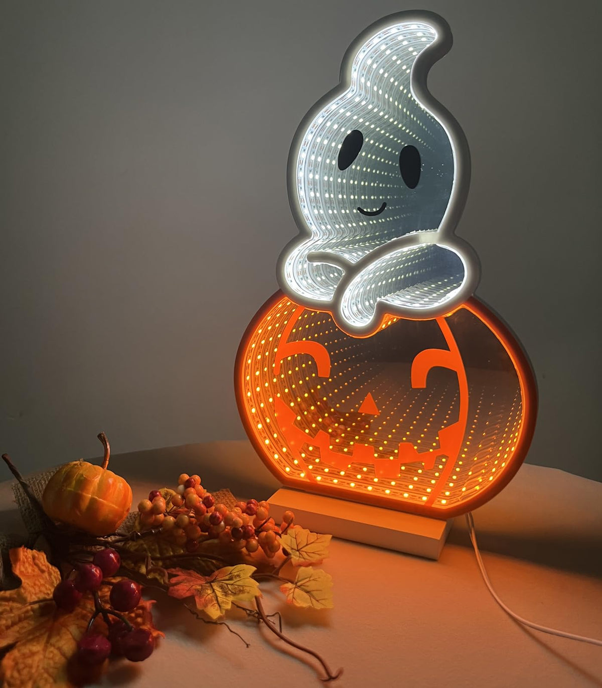 DUOMY DÉCOR LED Halloween Pumpkin Light, Cute Neon Pumpkin and Ghost Sign Decor,11.57 Inch Halloween 3D Infinity Lights with USB Powered for Table, Room, Party Decoration