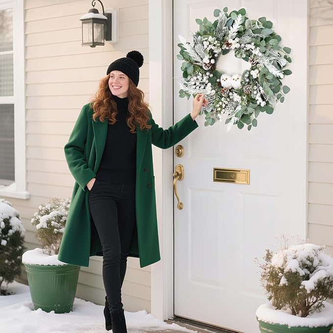 Winter Wreath for Front Door, 24 Inch Christmas Wreath with Owl Decor, Pine Cones, and Evergreen Greenery, Festive Winter Door Decor, Artificial Holiday Farmhouse Rustic Wreath