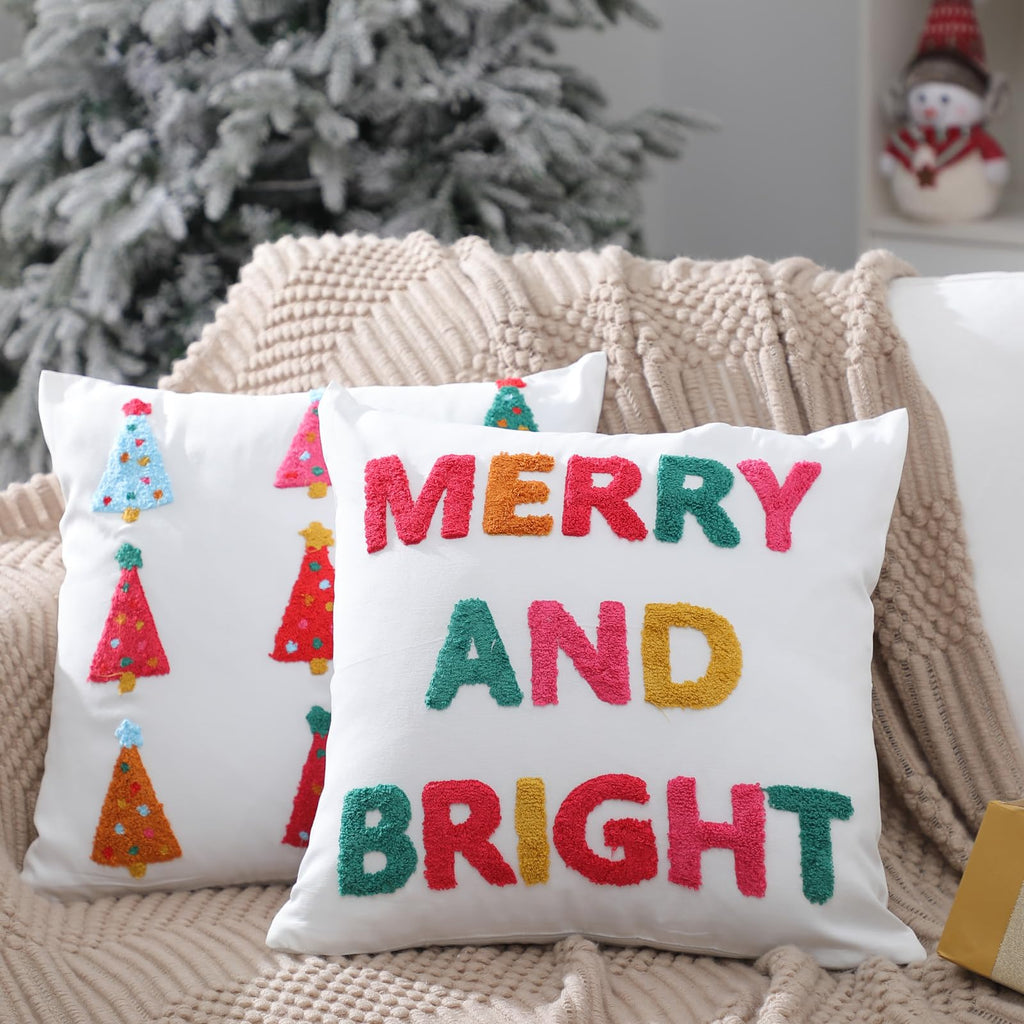 Remagr 2 Pcs Merry and Bright Christmas Tree Pillow Covers Pink Embroidered 18 x 18 Inches 3D Pillow Covers Decorative for Winter Xmas Home Bedroom Sofa Decor