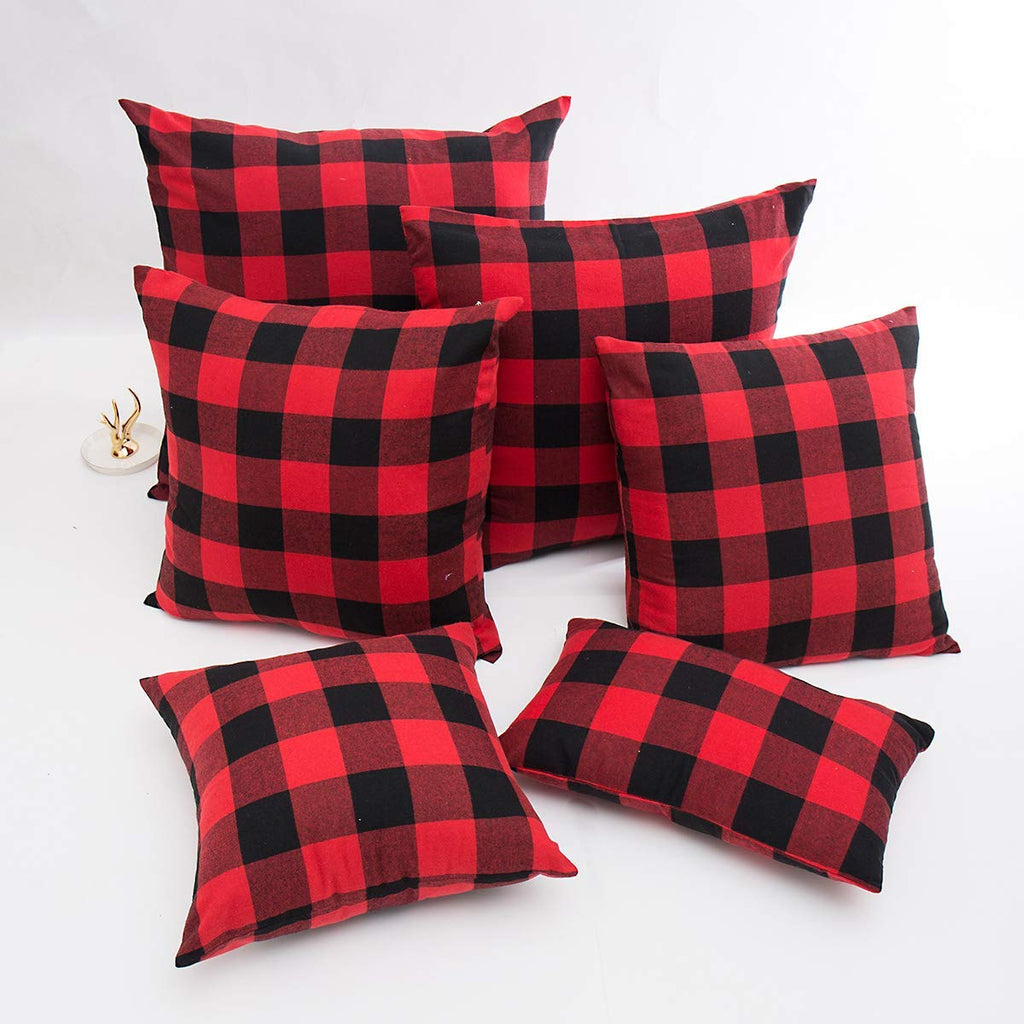 4TH Emotion Set of 2 Christmas Buffalo Check Plaid Throw Pillow Covers Cushion Case Polyester for Farmhouse Home Decor Red and Black, 18 x 18 Inches