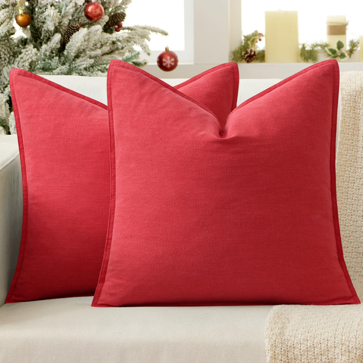 EMEMA Christmas Throw Pillow Covers Decorative Linen Pillow Covers 24x24 Inch Red Boho Farmhouse Neutral Couch Throw Pillows for Bed Pack of 2 Accent Pillowcase Modern Sofa Cushion Livingroom Home