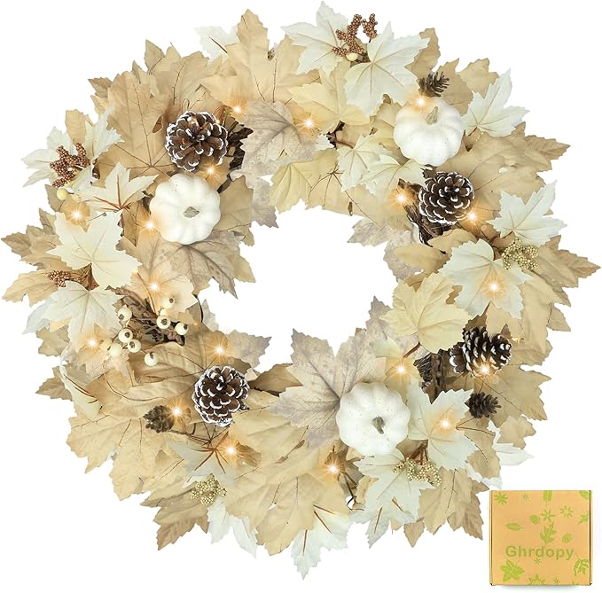 Fall Wreath with Lights 22 Inch - Fall Wreaths for Front Door Thanksgiving Halloween with Fall Home Decorations Autumn Wreath for Indoor Outdoor Wall Festival Decor
