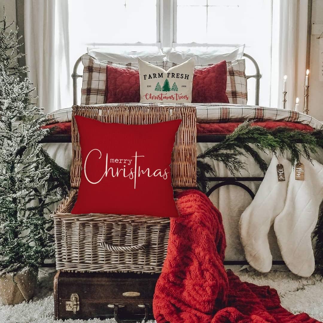 DFXSZ Christmas Throw Pillow Covers 20x20 Inch Set of 2 Merry Christmas Farmhouse Decorations Believe Holiday Decor Throw Cushion Case for Home Couch