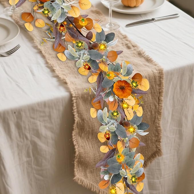 Fall Garland with Lights, 6FT Fall Leaves Garlands, Artificial Eucalyptus Garland with Pumpkins Berries for Home Mantle Fireplace Decor Thanksgiving Christmas Party Autumn Decoration (6FT)
