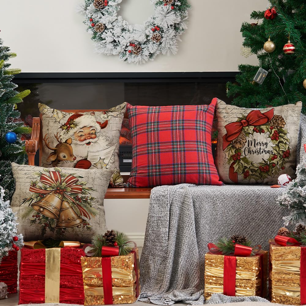 DFXSZ Christmas Pillow Covers 18x18 inch Set of 4 Santa Claus Reindeer Decorative Vintage Throw Pillow Covers Winter Retro Farmhouse Decoration for Home Couch BTHZ-140B18