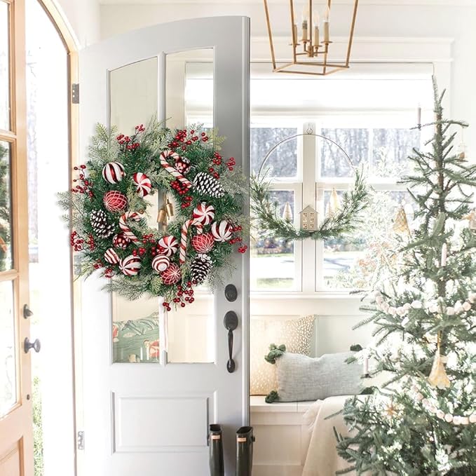 24 inch Christmas Door Wreath, Norfolk Pine Wreaths for Front Door with Candy Cane Red and White Ball Pinecones Berries for Fireplace Xmas Decorations, Wall Window Indoor Outdoor Decor
